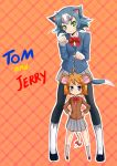  :3 animal_ears black_eyes blue_hair blue_jacket bow brown_jacket cat_ears character_name commentary_request copyright_name eyebrows_visible_through_hair fingerless_gloves full_body genderswap genderswap_(mtf) gloves grey_skirt hands_on_hips head_tilt jacket jerry_(tom_and_jerry) legs_apart looking_at_viewer mouse_ears mouse_tail multiple_girls okamura_(okamura086) orange_hair outline pantyhose paw_pose personification plaid plaid_background pleated_skirt red_neckwear short_hair skirt smile smug standing tail tail_bow tom tom_and_jerry v-shaped_eyebrows white_gloves white_outline 