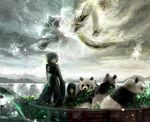  1girl bamboo black_hair boat chibi_(shimon) child crouching_tiger dragon hidden_dragon original panda tiger watercraft 