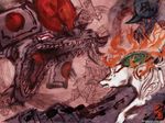  animal fire helmet highres no_humans ookami_(game) sharp_teeth teeth wallpaper wolf yamata_no_orochi_(ookami) 