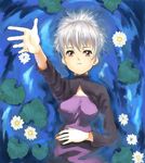  afloat brown_eyes darker_than_black from_above hand_up lily_pad long_sleeves looking_at_viewer looking_up ponytail silver_hair solo spread_fingers upper_body water yamamoto_shima yin 
