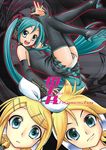  2girls aqua_hair brother_and_sister hatsune_miku hogeyama kagamine_len kagamine_rin long_hair multiple_girls siblings thighhighs twins very_long_hair vocaloid 