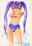  absurdres alternate_costume bangs blue_hair breasts buruma cameltoe cover cover_page cowboy_shot crossed_arms doujinshi groin gym_uniform hair_between_eyes highres hoshino_ruri kidou_senkan_nadesico long_hair looking_at_viewer midriff navel nishitsuki_tsutomu no_bra scan scrunchie shirt shirt_lift short_sleeves simple_background small_breasts solo standing twintails underboob undressing very_long_hair white_background yellow_eyes 