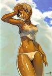  absurdres beach blonde_hair blue_eyes breasts cloud contrapposto covered_nipples cowboy_shot dark_skin day dripping elena_(street_fighter) hand_on_head hand_on_own_head highres kim_hyung_tae medium_breasts midriff muscle open_mouth outdoors oxide panties scan see-through short_hair sideboob sky solo standing street_fighter street_fighter_iii_(series) sweat tan tank_top teeth thighs underwear wet white_panties 