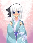  alternate_costume blue_eyes blush hair_ribbon japanese_clothes kimono kirise_mitsuru konpaku_youmu ribbon solo touhou 