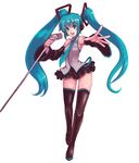  aqua_hair aqua_neckwear hatsune_miku kara_(color) long_hair microphone microphone_stand necktie solo thighhighs twintails very_long_hair vocaloid zettai_ryouiki 