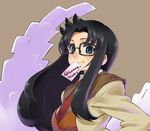  black_hair chan_co glasses long_hair mouth_hold read_or_die solo upper_body yomiko_readman 