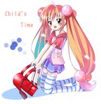  backpack bag copyright_name hair_bobbles hair_ornament kneeling kodomo_no_jikan kokonoe_rin long_hair randoseru sho_(runatic_moon) solo striped striped_legwear thighhighs twintails zettai_ryouiki 