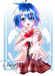  :d angel_wings blue_eyes blue_hair bow bowtie looking_at_viewer open_mouth original plaid plaid_skirt pleated_skirt red_bow red_neckwear red_skirt school_uniform shirt sho_(runatic_moon) short_hair skirt smile solo white_shirt wings 