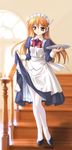  1girl absurdres apron bow dress high_heels highres maid maid_apron serving_plate shoes solo stairs thighhighs tray 