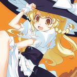  blonde_hair broom broom_riding hand_on_headwear hat kirisame_marisa lowres shingo_(missing_link) solo touhou witch_hat 