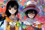  1boy 1girl black_hair brown_eyes eternal_blue fuzichoco giraffe glasses hat heterochromia original 