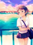  bag brown_eyes brown_hair chain-link_fence cloud fence konno_makoto looking_afar osamu outdoors pleated_skirt school_uniform short_hair skirt solo standing sunset toki_wo_kakeru_shoujo 