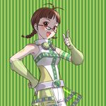  akizuki_ritsuko antenna_hair belt braid brown_eyes brown_hair cosmic_&amp;_funny_(idolmaster) glasses gloves idolmaster idolmaster_(classic) idolmaster_1 pointing sakamoto_mineji twin_braids 