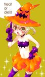  1girl gloves halloween hat lace lace-trimmed_gloves lace-trimmed_thighhighs midriff purple_gloves purple_legwear solo thighhighs witch_hat 