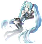  blue_hair hatsune_miku long_hair lying norapeko skirt solo thighhighs twintails very_long_hair vocaloid zettai_ryouiki 