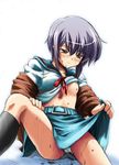  aqua_skirt bangs cea_se kita_high_school_uniform nagato_yuki school_uniform serafuku short_hair skirt skirt_lift solo suzumiya_haruhi_no_yuuutsu 