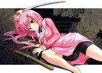  bike_shorts hayate_no_gotoku! katana katsura_hinagiku long_hair pink_hair school_uniform shinshin solo spandex sword weapon yellow_eyes 