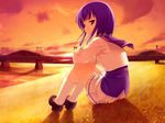  bra-ban! bridge game_cg kobuichi mikage_sumi power_lines purple_hair railroad_tracks river school_uniform short_hair sitting solo sun sunset 