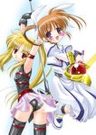  arm_belt bardiche belt blonde_hair bow fate_testarossa lyrical_nanoha magical_girl mahou_shoujo_lyrical_nanoha mahou_shoujo_lyrical_nanoha_a's multiple_girls purple_eyes q-gaku raising_heart red_bow red_eyes red_hair shoes takamachi_nanoha thighhighs twintails winged_shoes wings 