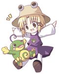  1girl blonde_hair brown_eyes commentary_request crossover dorua_(dollar) dress frog hair_ribbon hat lowres moriya_suwako pantyhose pokemon pokemon_(creature) politoed pyonta ribbon short_hair simple_background species_connection touhou white_background 