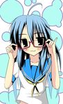  :3 adjusting_eyewear ahoge ayase_hikaru bespectacled glasses high_contrast izumi_konata lucky_star mole mole_under_eye pinky_out ryouou_school_uniform school_uniform serafuku solo 