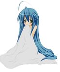  ahoge bare_shoulders blanket blue_hair blush full_body green_eyes izumi_konata long_hair looking_at_viewer lucky_star mole mole_under_eye naked_sheet seiza simple_background sitting solo very_long_hair white_background yusya 