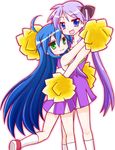  cheerleader hiiragi_kagami hug izumi_konata kairakuen_umenoka lucky_star mole mole_under_eye multiple_girls purple_hair tsurime 