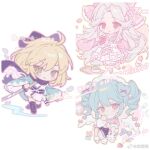  3girls ahoge angel_wings animal_ear_tattoo animal_ears apron arrow_(projectile) bare_shoulders black_bow black_footwear black_sash black_scarf black_skirt blonde_hair blue_hair boots bow bow_apron bow_on_wing brown_eyes cherry_blossom_print cherry_blossoms chibi chinese_commentary closed_mouth commentary_request crop_top cross-laced_apron cross-laced_clothes crying crying_with_eyes_open dango detached_sleeves detached_wings determined dog_ears dot_nose drill_hair eyelashes feathered_wings floating_clothes floppy_ears floral_print flower folding_fan food frilled_apron frilled_bow frilled_shirt frilled_skirt frills fur_scarf green_eyes green_jacket hair_between_eyes hair_bow hair_flower hair_ornament hand_fan haori heart heart_arrow holding holding_fan holding_sword holding_weapon jacket japanese_clothes kimono knee_boots koiliblikas leg_warmers light_blush long_hair long_sleeves maid_headdress medium_skirt midriff multiple_girls obi okita_souji_(fate) original outline petals pill pink_bow pink_eyes pink_flower pink_footwear pink_kimono pink_ribbon pink_shirt puffy_long_sleeves puffy_sleeves ribbon sad sakura_mochi sample_watermark sanshoku_dango sash scarf sheath shirt shoes short_hair short_kimono simple_background skirt smile sword tattoo tears thank_you tray triangle_print twin_drills twintails v-shaped_eyebrows very_long_hair wagashi waist_apron waist_ribbon watermark weapon weibo_watermark white_apron white_background white_bow white_hair white_kimono white_leg_warmers white_ribbon white_scarf white_sleeves white_wings wide_sleeves wings yellow_outline yukata 