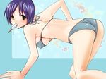  all_fours ass bikini breasts copyright_request food green_eyes jakou_nezumi large_breasts mouth_hold popsicle purple_hair short_hair solo swimsuit underboob 