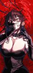  1girl absurdres black_dress black_hair blood blood_on_face breasts chainsaw_man cleavage clenched_teeth dress erupusai2 floating_hair grin hair_between_eyes hand_on_own_face highres large_breasts long_hair looking_at_viewer red_hair sidelocks simple_background sleeveless smile solo teeth upper_body yoru_(chainsaw_man) 