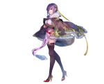  1girl ;) absurdres atelier_(series) atelier_sophie_2 black_thighhighs breasts brown_cape cape closed_mouth covered_navel crossed_arms dress full_body fur-trimmed_cape fur_trim hair_ornament high_heels highres jewelry katrina_balbastre looking_at_viewer medium_breasts official_art one_eye_closed purple_eyes purple_hair red_footwear ring second-party_source shoes simple_background smile solo standing tachi-e thighhighs white_background white_dress yuugen 