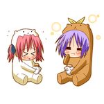  &gt;_&lt; =_= animal_costume bear_costume bear_tsukasa bear_yutaka blush capybara-san chibi closed_eyes eating food hiiragi_tsukasa kobayakawa_yutaka lowres lucky_star minami_(colorful_palette) multiple_girls puffy_cheeks purple_hair red_hair short_hair simple_background sitting sweet_potato tears tongue yakiimo 