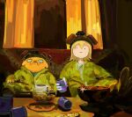  2boys adventure_time benadieshekiel black_footwear blonde_hair bowl breaking_bad can chips_(food) closed_mouth commentary controller cosplay couch cup dog finn_the_human food hashtag-only_commentary hazmat_suit highres holding holding_can holding_cup jake_the_dog jesse_pinkman legs_on_table looking_at_viewer multiple_boys on_couch remote_control respirator scene_reference sitting smile spread_legs table walter_white white_eyes window yellow_fur 