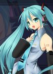  :d aqua_hair aqua_neckwear artist_request black_skirt blue_eyes blue_hair blush collared_shirt detached_sleeves grey_shirt hair_between_eyes hair_ornament hand_on_own_chest hatsune_miku headphones long_hair microphone miniskirt necktie number open_mouth pleated_skirt shirt skirt smile solo tattoo twintails upper_body very_long_hair vocaloid zoom_layer 