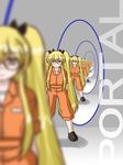  1girl blonde_hair crossover female flat_chest game_related glasses long_hair lowres portal portal_(object) shoes twintails valve wormhole 