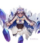  1girl bridal_gauntlets cape chest_jewel circlet commentary dress enigmatic_recollection face_jewel gem gem_hair_ornament grey_hair highres hololive hololive_english jewel_under_eye koseki_bijou koseki_bijou_(1st_costume) long_hair looking_at_viewer multicolored_hair purple_eyes purple_gemstone purple_hair seventeencrows simple_background single_bridal_gauntlet solo virtual_youtuber white_background white_bridal_gauntlets white_dress 