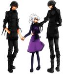  1girl 2boys black_cat black_hair black_jacket boots cat darker_than_black dress hei jacket mao_(darker_than_black) multiple_boys ponytail purple_dress yin 