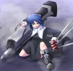  black_keys blue_hair boots ciel dagger dual_wielding holding huge_weapon jun_(aoerm) nun one_knee pile_bunker seventh_holy_scripture short_hair solo tsukihime weapon 