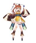  1girl :d absurdres atelier_(series) atelier_sophie_2 blue_eyes breasts brown_hair cleavage cleavage_cutout clothing_cutout dalachi_(headdress) detached_sleeves dress frilled_dress frills full_body gold_trim hair_between_eyes highres japanese_clothes long_hair long_sleeves looking_at_viewer medium_breasts neck_ribbon noco_(adamas) official_art open_mouth pirka_(atelier) platform_footwear pom_pom_(clothes) ponytail print_dress ribbon sandals simple_background sleeveless sleeveless_dress sleeves_past_fingers sleeves_past_wrists smile solo standing tachi-e white_background wide_sleeves yellow_dress 