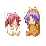  :3 ? animal_costume bear_costume bear_tsukasa bear_yutaka blush capybara-san chibi food hiiragi_tsukasa kobayakawa_yutaka lowres lucky_star minami_(colorful_palette) multiple_girls o_o purple_hair red_hair senbei short_hair simple_background sitting 