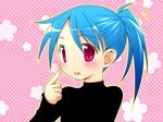  :o blue_hair blush copyright_request index_finger_raised kurosu_tsugutoshi long_sleeves looking_at_viewer parted_lips pink_eyes polka_dot polka_dot_background ponytail red_eyes round_teeth simple_background solo sweater tareme teeth 