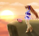  arms_behind_back blue_eyes boots brown_hair cliff hair_ribbon japanese_clothes jun_(aoerm) long_hair looking_back nagasarete_airantou outdoors pig ponytail ribbon skirt solo sun sunset suzu_(nagasarete_airantou) thighhighs tonkatsu_(nagasarete_airantou) very_long_hair water wind yellow_legwear zettai_ryouiki 