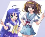  blue_hair brown_hair crossover green_eyes izumi_konata jun_(aoerm) kita_high_school_uniform lucky_star mole mole_under_eye multiple_girls one_eye_closed ryouou_school_uniform school_uniform serafuku short_hair suzumiya_haruhi suzumiya_haruhi_no_yuuutsu yellow_neckwear 