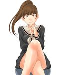  bare_legs brown_eyes brown_hair crossed_legs legs long_hair maria-sama_ga_miteru ponytail school_uniform sitting solo toshifumi tsukiyama_minako 