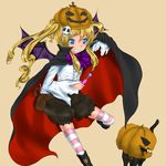  blonde_hair bloomers blue_eyes candy cape cat character_request copyright_request food halloween jack-o'-lantern lollipop pumpkin rokuichi sepia_background skull solo standing standing_on_one_leg swirl_lollipop thighhighs underwear 