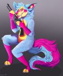  2019 ambiguous_gender anthro blue_body blue_claws blue_eyebrows blue_fur bodily_fluids breath canid canine canis claws coyote digital_media_(artwork) digital_painting_(artwork) discotheque_ricochet eyebrows fangs full-length_portrait fur grey_background gun head_tuft hi_res hindpaw holding_gun holding_object holding_ranged_weapon holding_weapon jaspering licking licking_gun licking_object mammal nonbinary_(lore) nude paws pink_body pink_eyes pink_fur pink_inner_ear pink_nose pink_tongue portrait ranged_weapon saliva shaded signature simple_background snout solo spiral_pupils star_pupils striped_inner_ear sweat sweaty_face tail teeth toe_claws tongue tuft two_tone_inner_ear weapon whisker_spots yellow_body yellow_fur yellow_inner_ear 