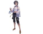 1boy absurdres atelier_(series) atelier_sophie_2 black_hair black_pants bracelet braid brown_footwear champagne_flute chest_harness collared_shirt cup dark-skinned_male dark_skin drinking_glass full_body gnome_dumortier harness highres holding holding_cup holding_towel jewelry loafers long_sleeves looking_at_viewer male_focus official_art open_mouth pants purple_eyes second-party_source shirt shoes short_hair side_braid simple_background smile solo standing towel white_background white_shirt yuugen 