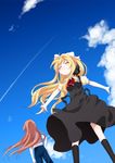  air back-to-back blonde_hair brown_hair cloud day happy kamio_haruko kamio_misuzu long_hair multiple_girls namori outstretched_arms sky smile spread_arms 