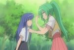  2girls abuse age_difference angry animated animated_gif bangs blue_hair blunt_bangs child furude_rika gif green_hair higurashi_no_naku_koro_ni long_hair lowres multiple_girls outdoors ponytail ryona school_uniform slapping sonozaki_mion sonozaki_shion 