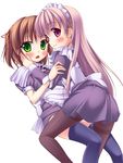  blush brown_hair eyebrows_visible_through_hair green_eyes hair_ornament hair_ribbon hairclip hand_on_another's_face leg_between_thighs long_hair looking_at_viewer looking_back maid multiple_girls nullken open_mouth original pantyhose purple_eyes ribbon short_hair short_sleeves simple_background smile thighhighs two_side_up white_background 